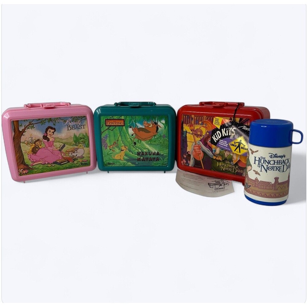 3 Plastic Aladdin Lunchboxes Lion King Beauty Belle Hunchback Notre Dame 90s Vtg
